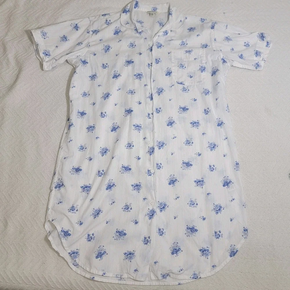 Bonsoir 100% Cotton Nightshirt Short Sleeve White Blue‎ Floral Button Front Sz L